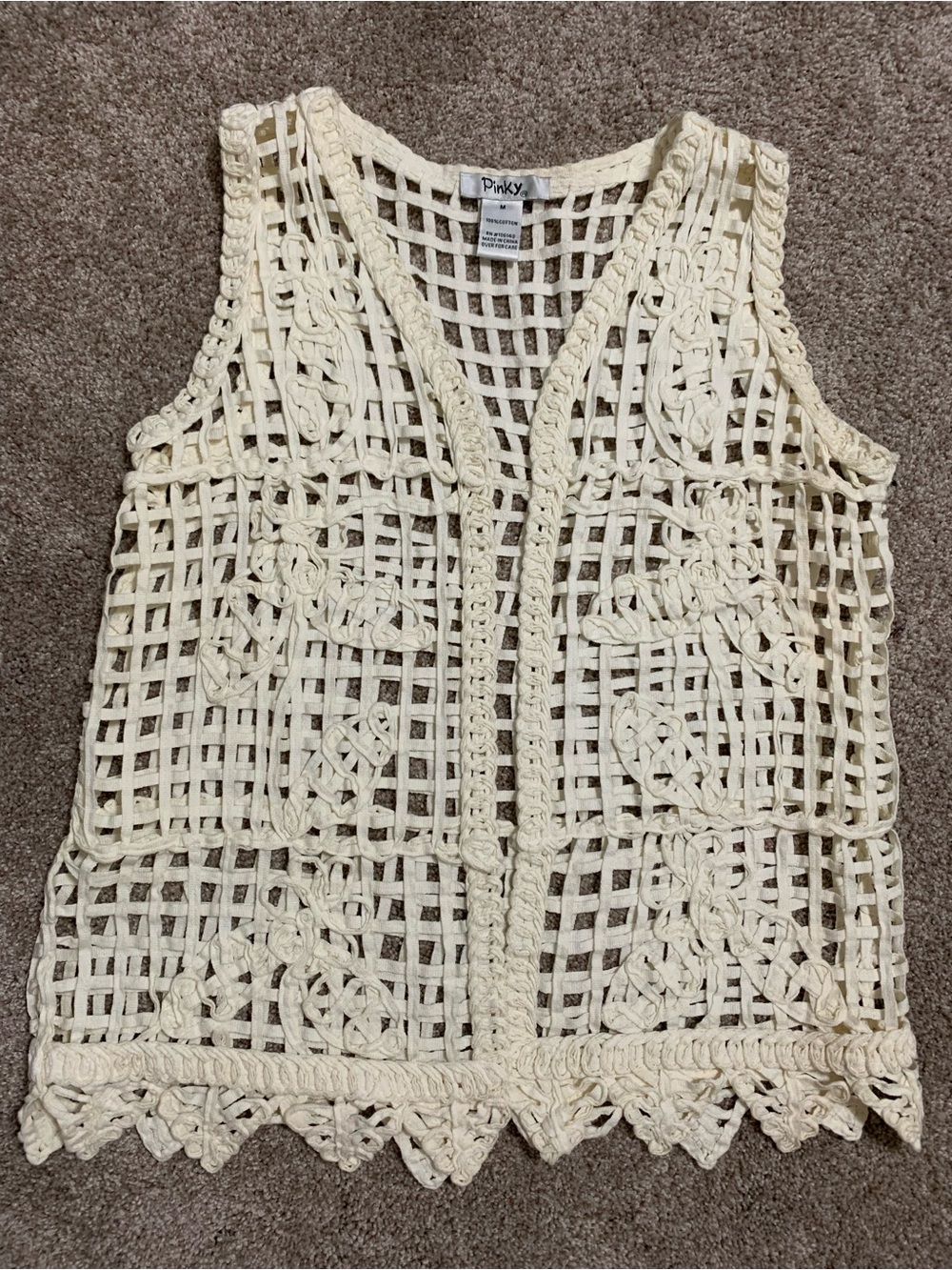 Pinky Crochet Lace Cream Vest Boho Hippie Festival Grandmacore Bohemian Medium